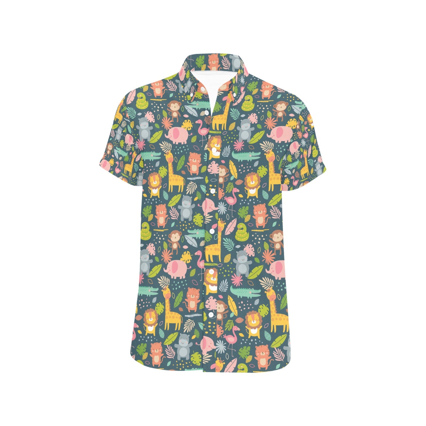 Safari Animal Cartoon Print Design LKS305 Men Short Sleeve Button Up Shirt