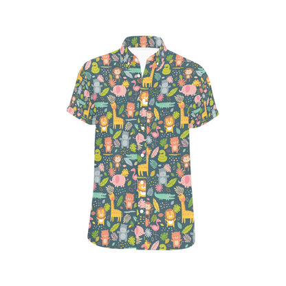 Safari Animal Cartoon Print Design LKS305 Men Short Sleeve Button Up Shirt