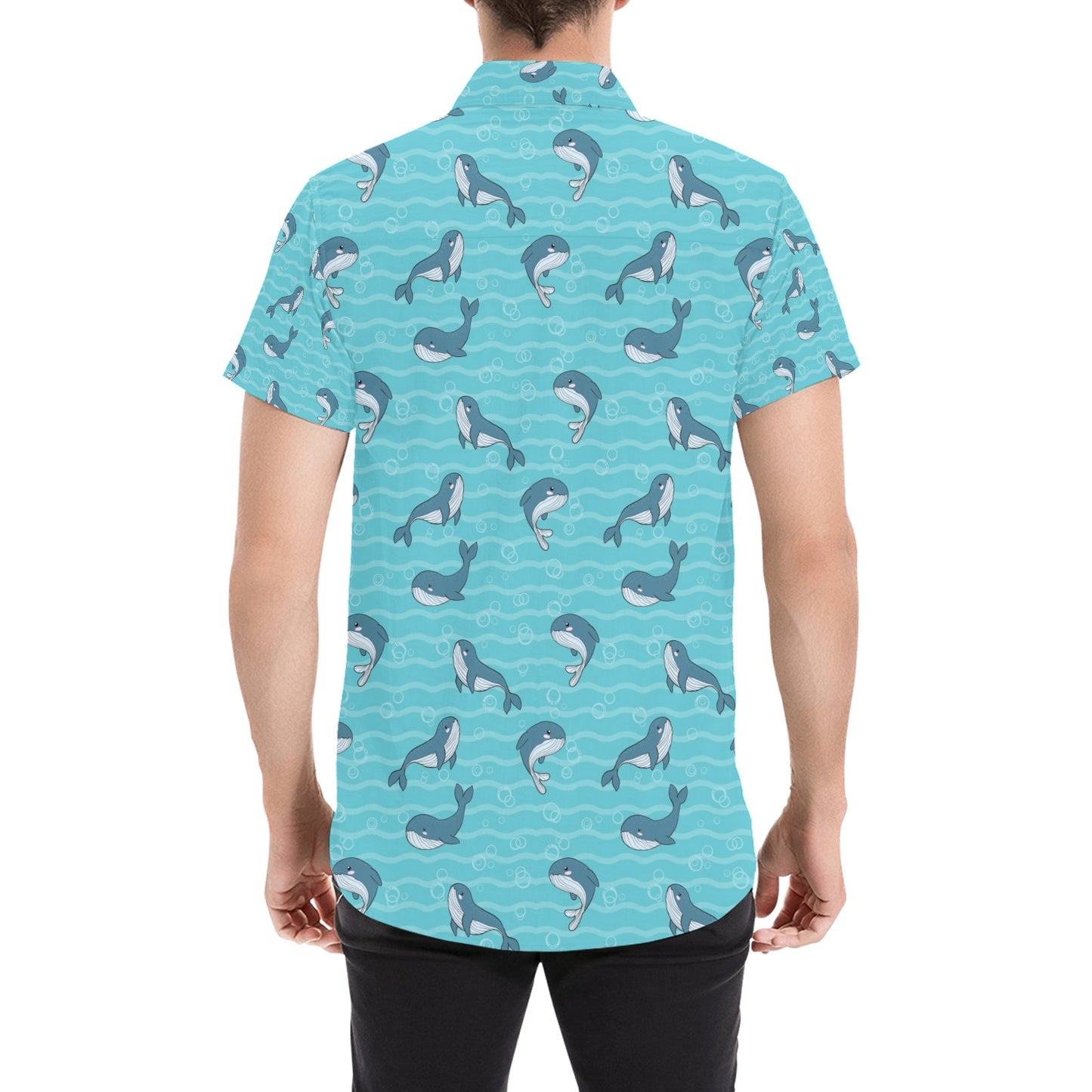 Whale Print Design LKS303 Men Short Sleeve Button Up Shirt