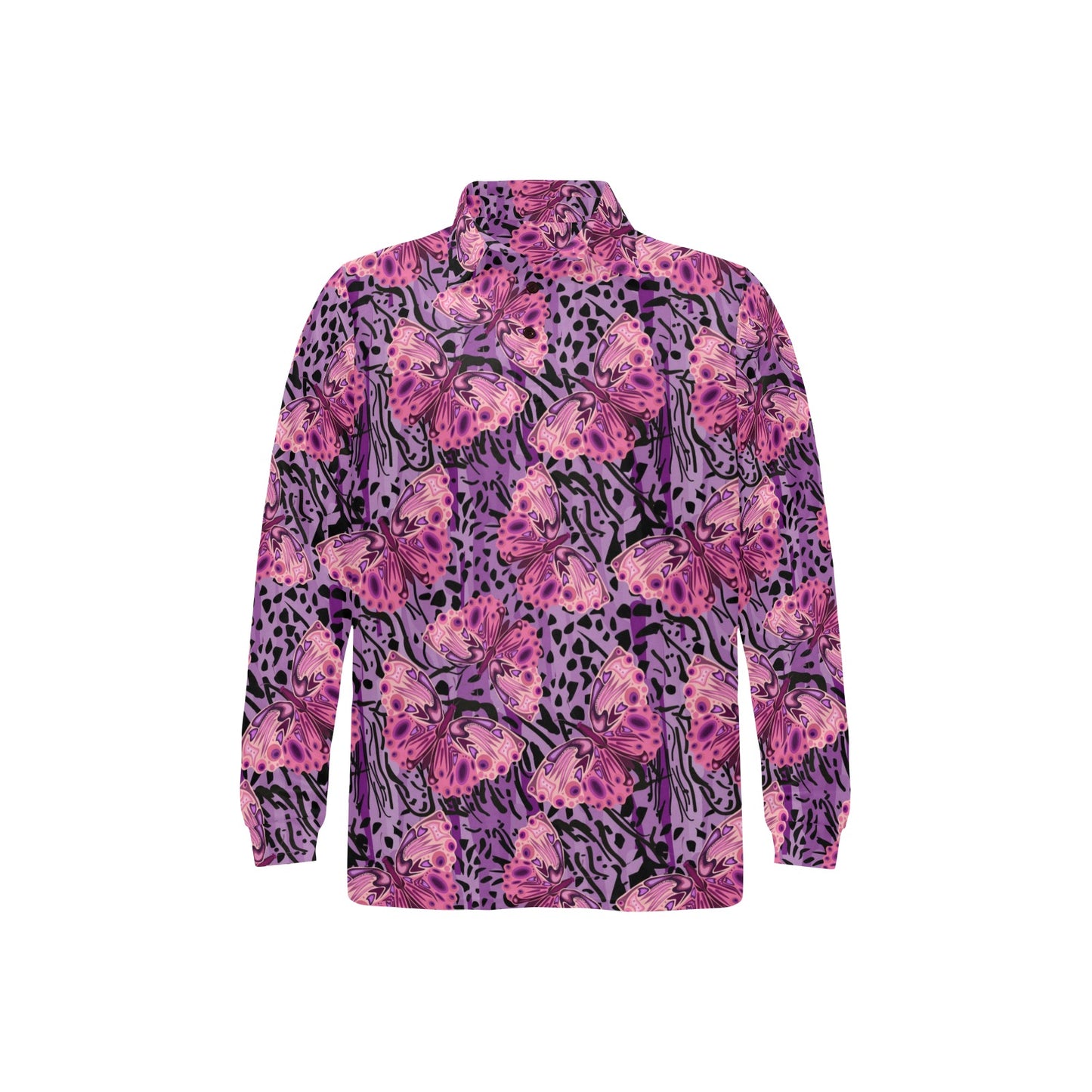 Purple Butterfly Leopard Long Sleeve Polo Shirt For Men's