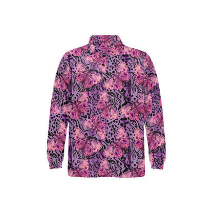 Purple Butterfly Leopard Long Sleeve Polo Shirt For Men's
