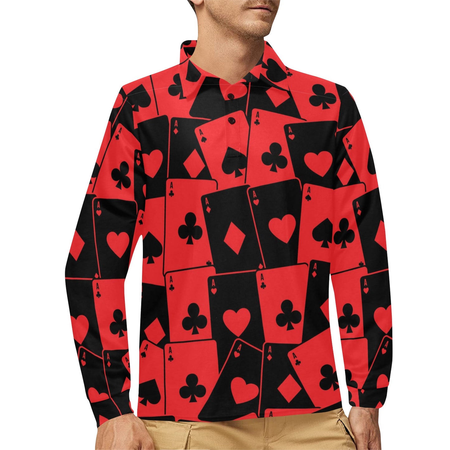 Poker Cards Pattern Print Design A01 Long Sleeve Polo Shirt For Men's