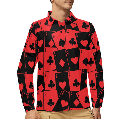 Poker Cards Pattern Print Design A01 Long Sleeve Polo Shirt For Men's