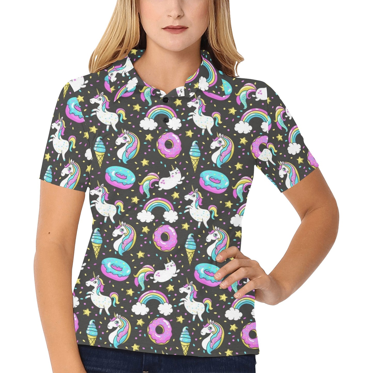 Donut Unicorn Pattern Print Design DN09 Women's Polo Shirt