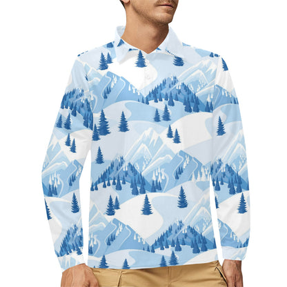Mountain Pattern Print Design 03 Long Sleeve Polo Shirt For Men's