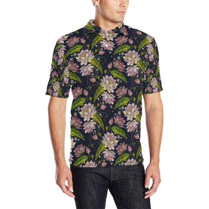 lotus Embroidered Pattern Print Design LO06 Men Polo Shirt