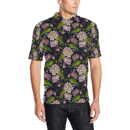 lotus Embroidered Pattern Print Design LO06 Men Polo Shirt