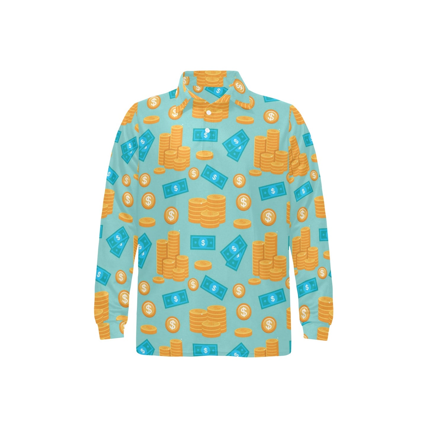 Money Pattern Print Design 03 Long Sleeve Polo Shirt For Men's