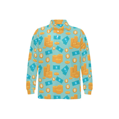 Money Pattern Print Design 03 Long Sleeve Polo Shirt For Men's