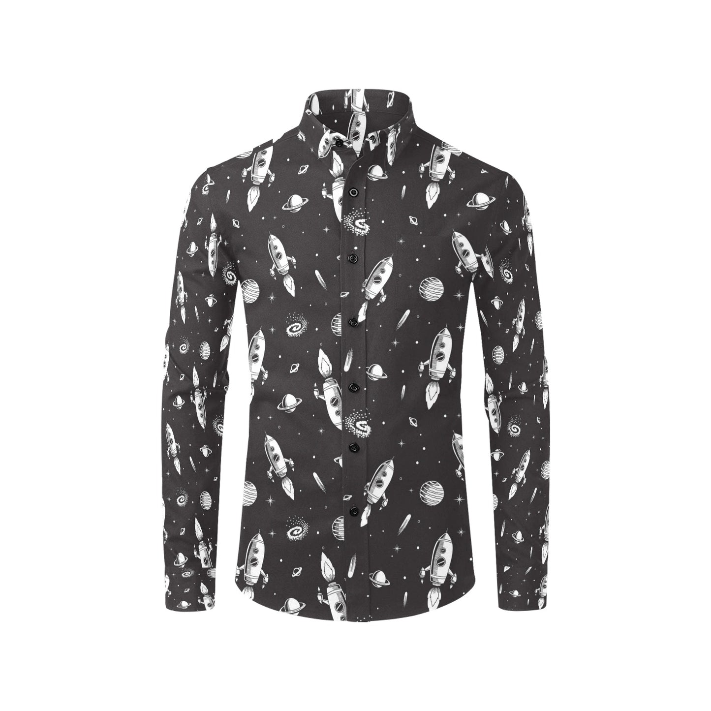 Space Rocket Print Design LKS303 Men's Long Sleeve Dress Shirt