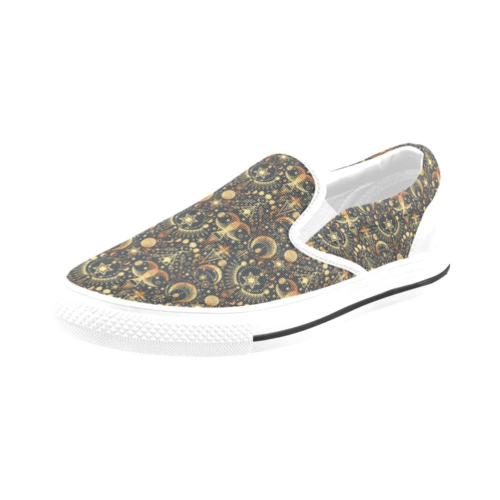 Sun Moon Print Design LKS308 White Slip Ons Canvas Women's Shoes