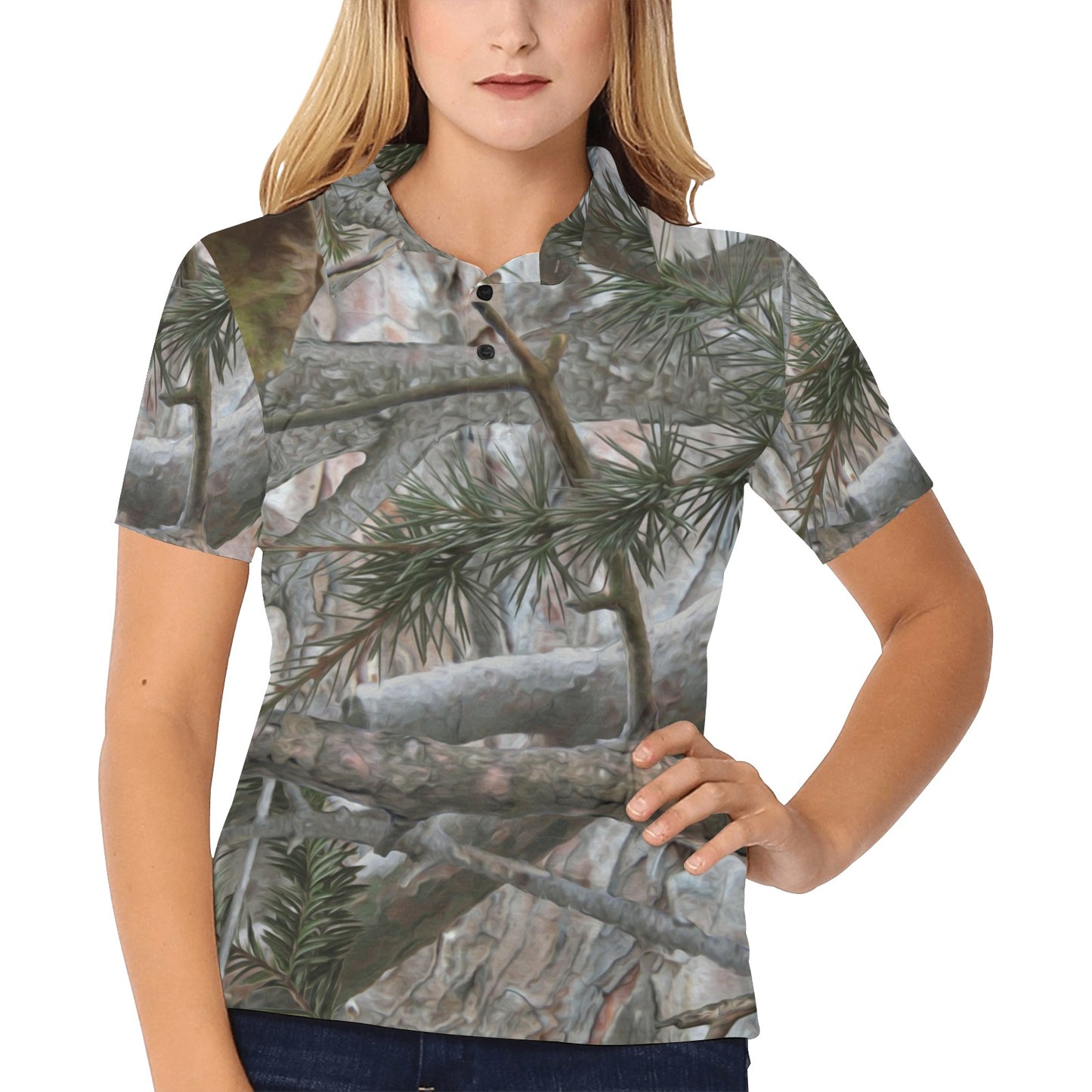 Camo Realistic Tree Forest Pattern Women's Polo Shirt