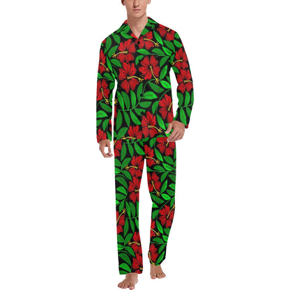 Red Hibiscus Embroidered Pattern Print Design HB032 Men's Long Pajama Set