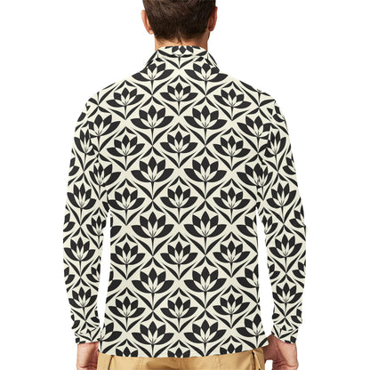 Lotus Pattern Print Long Sleeve Polo Shirt For Men's