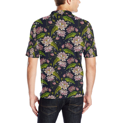 lotus Embroidered Pattern Print Design LO06 Men Polo Shirt