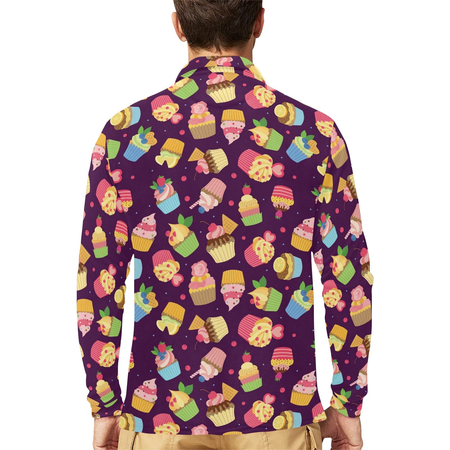 Cupcake Pattern Print Design 05 Long Sleeve Polo Shirt For Men's