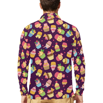 Cupcake Pattern Print Design 05 Long Sleeve Polo Shirt For Men's