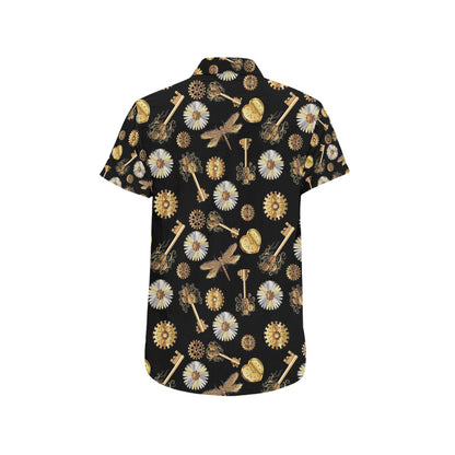Steampunk Key Dragonfly Print Design LKS303 Men Short Sleeve Button Up Shirt