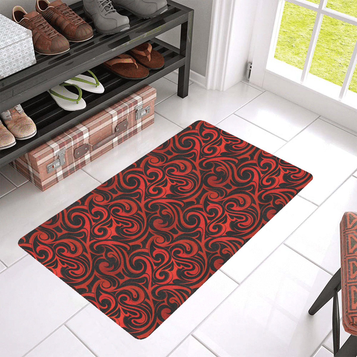 Maori Red Black Themed Design Rubber Doormat