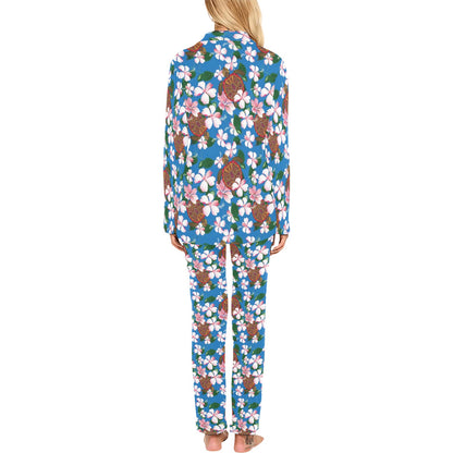Sea Turtle Pink Hibiscus Hawaiian Print Women's Long Pajama Set