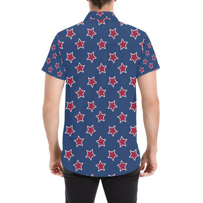 Star Red Blue Print Design LKS301 Men Short Sleeve Button Up Shirt