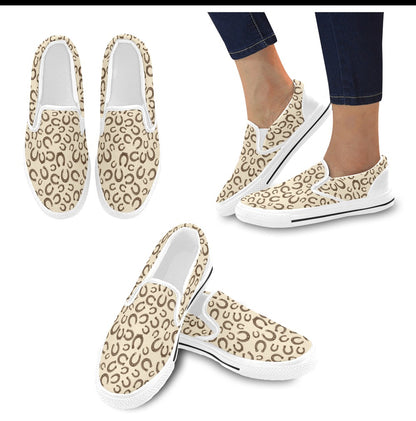Horseshoe Print Design LKS302 White Slip Ons Canvas Women's Shoes