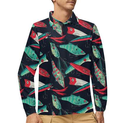 Fishing Bait Pattern Long Sleeve Polo Shirt For Men's