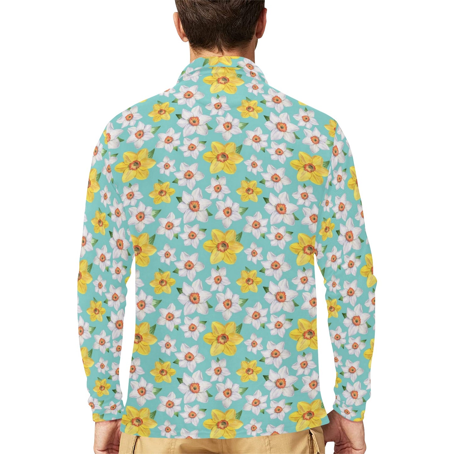 Daffodils Pattern Print Design 02 Long Sleeve Polo Shirt For Men's