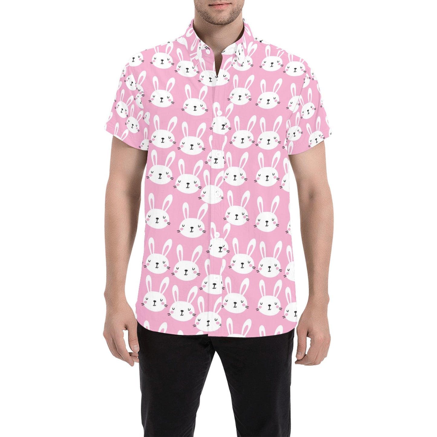 Rabbit Print Design LKS401 Men Short Sleeve Button Up Shirt