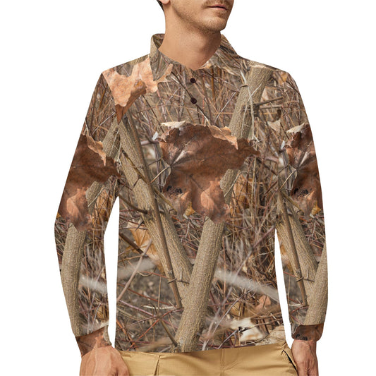 Camo Realistic Tree Forest Autumn Print Long Sleeve Polo Shirt For Men's