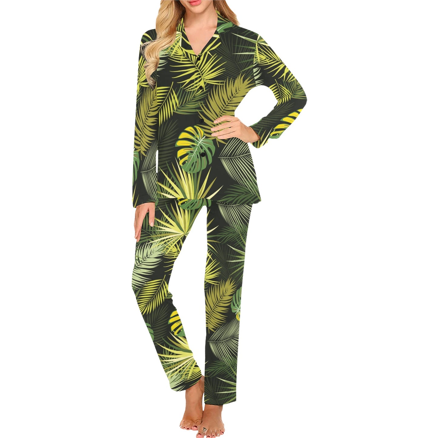 Palm Leaf Pattern Print Design A05 Women's Long Pajama Set