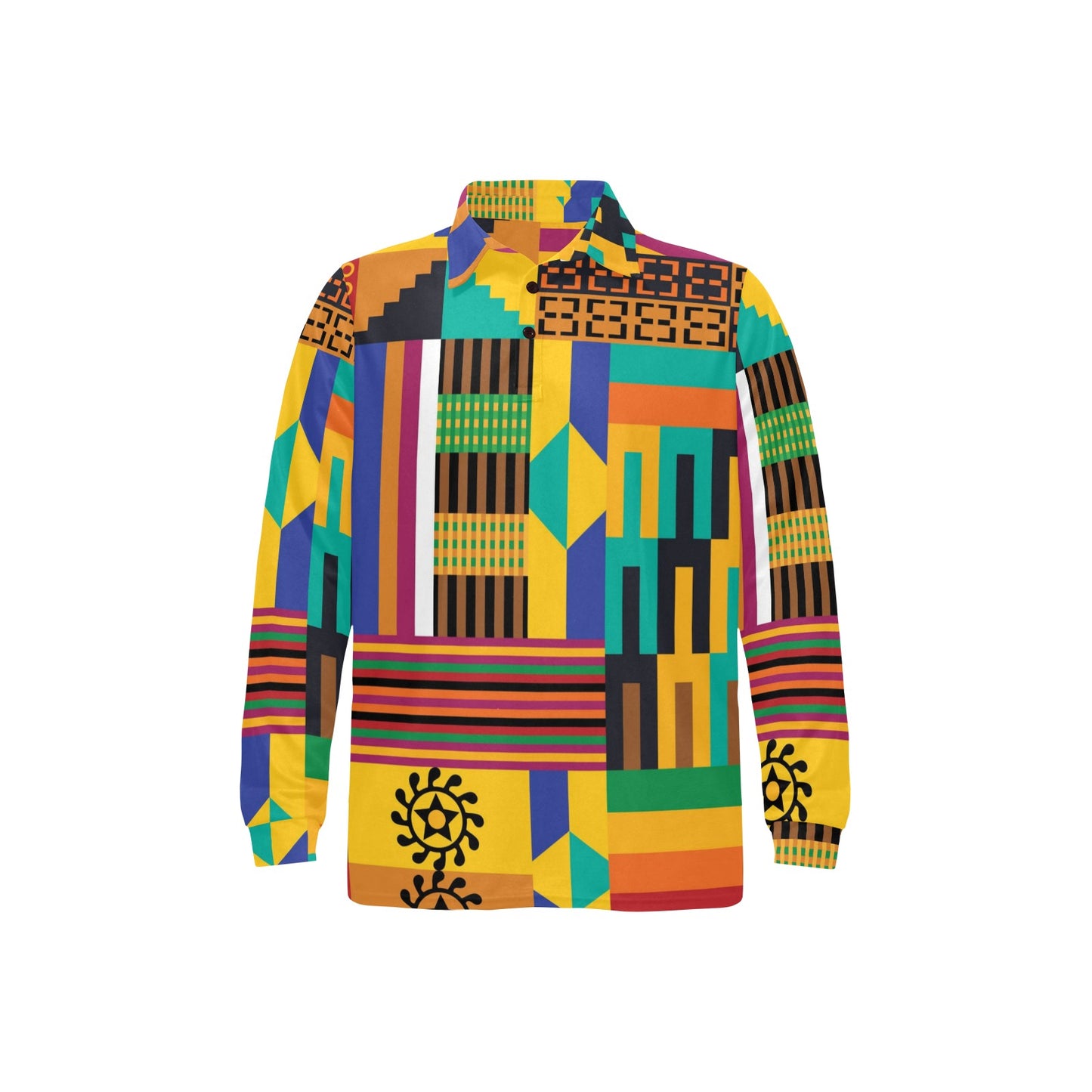 Kente Pattern Print Design 03 Long Sleeve Polo Shirt For Men's
