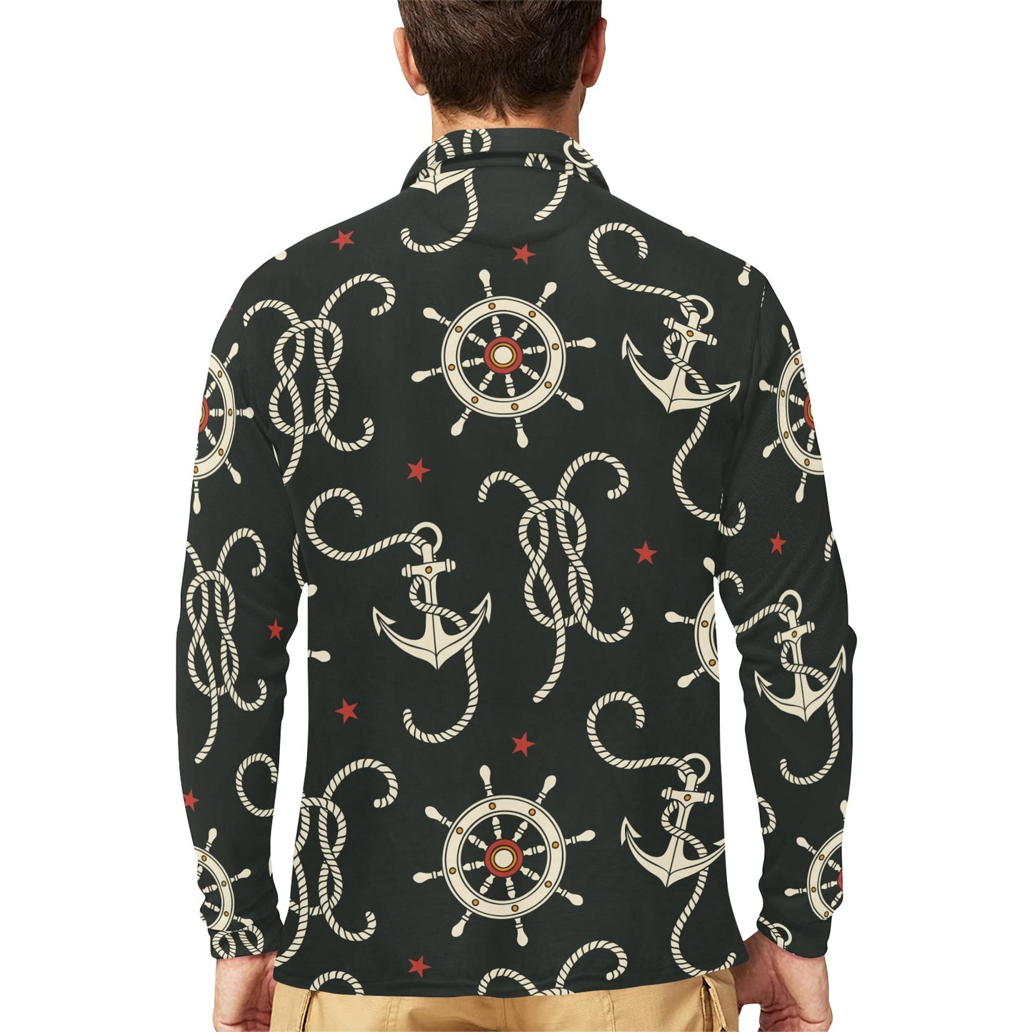 Nautical Anchor Pattern Long Sleeve Polo Shirt For Men's