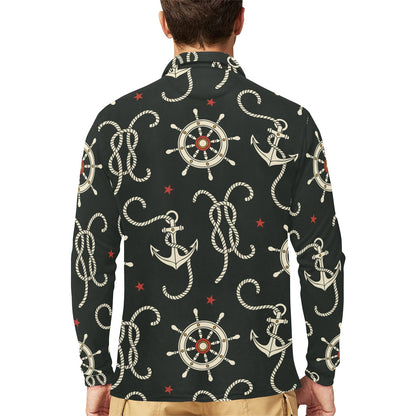 Nautical Anchor Pattern Long Sleeve Polo Shirt For Men's