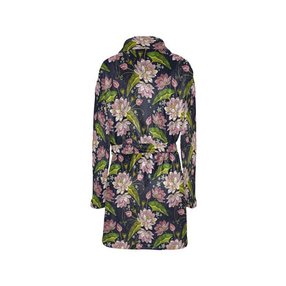 lotus Embroidered Pattern Print Design LO06 Women's Fleece Robe