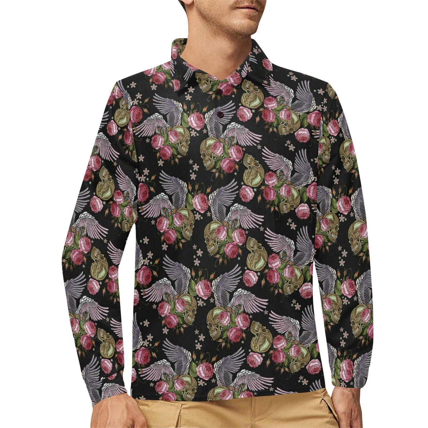 Angel Wings Pattern Print Design 06 Long Sleeve Polo Shirt For Men's