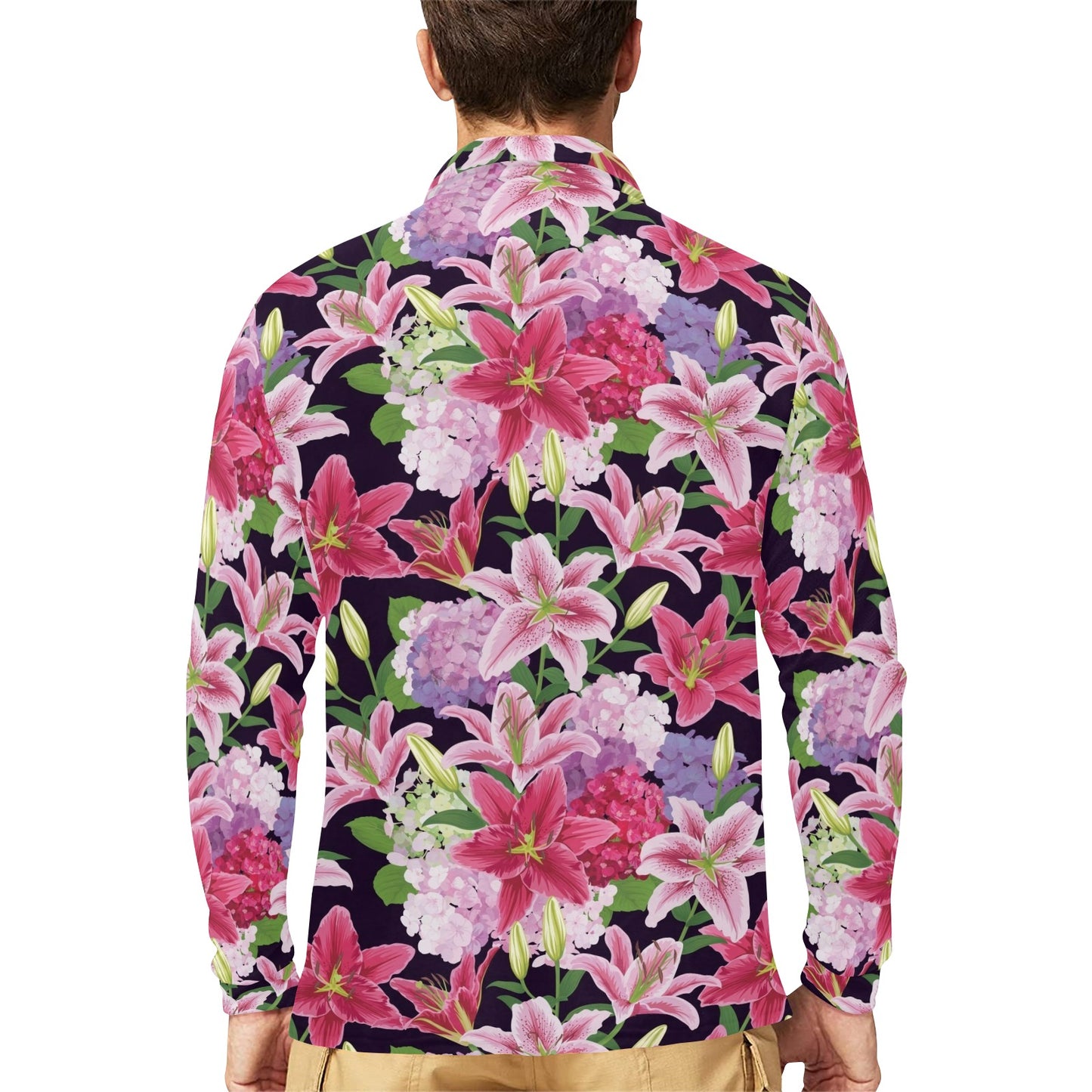 Lily Pattern Print Design LY017 Long Sleeve Polo Shirt For Men's