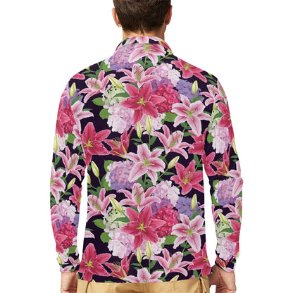 Lily Pattern Print Design LY017 Long Sleeve Polo Shirt For Men's