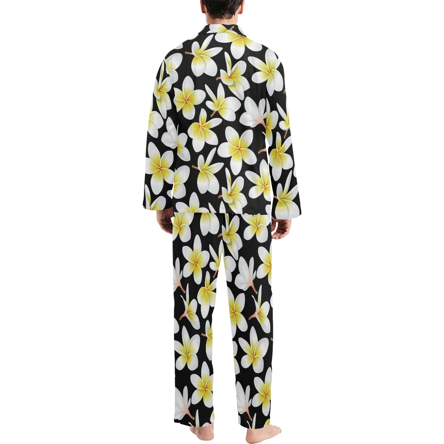 Yellow Plumeria Hawaiian Flowers Men's Long Pajama Set