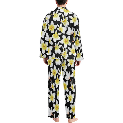Yellow Plumeria Hawaiian Flowers Men's Long Pajama Set