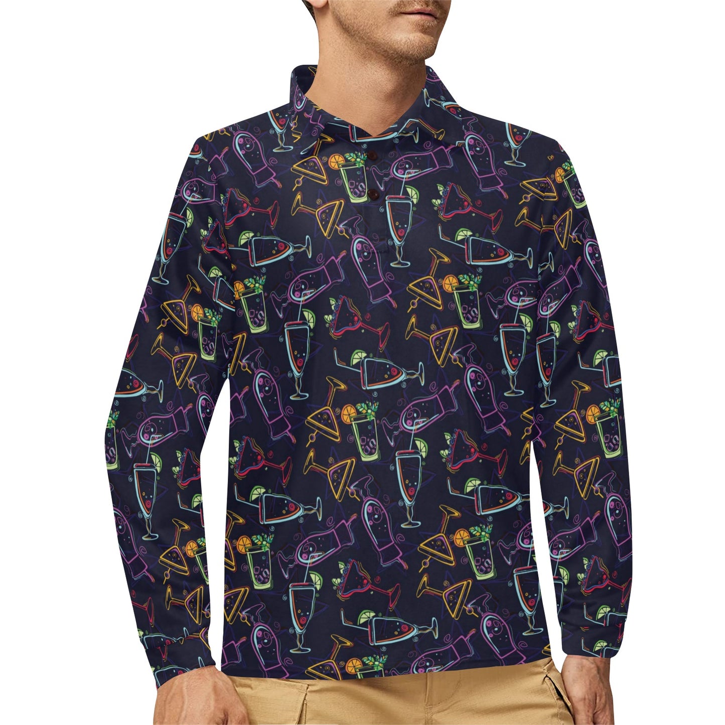 Cocktail Pattern Print Design 04 Long Sleeve Polo Shirt For Men's