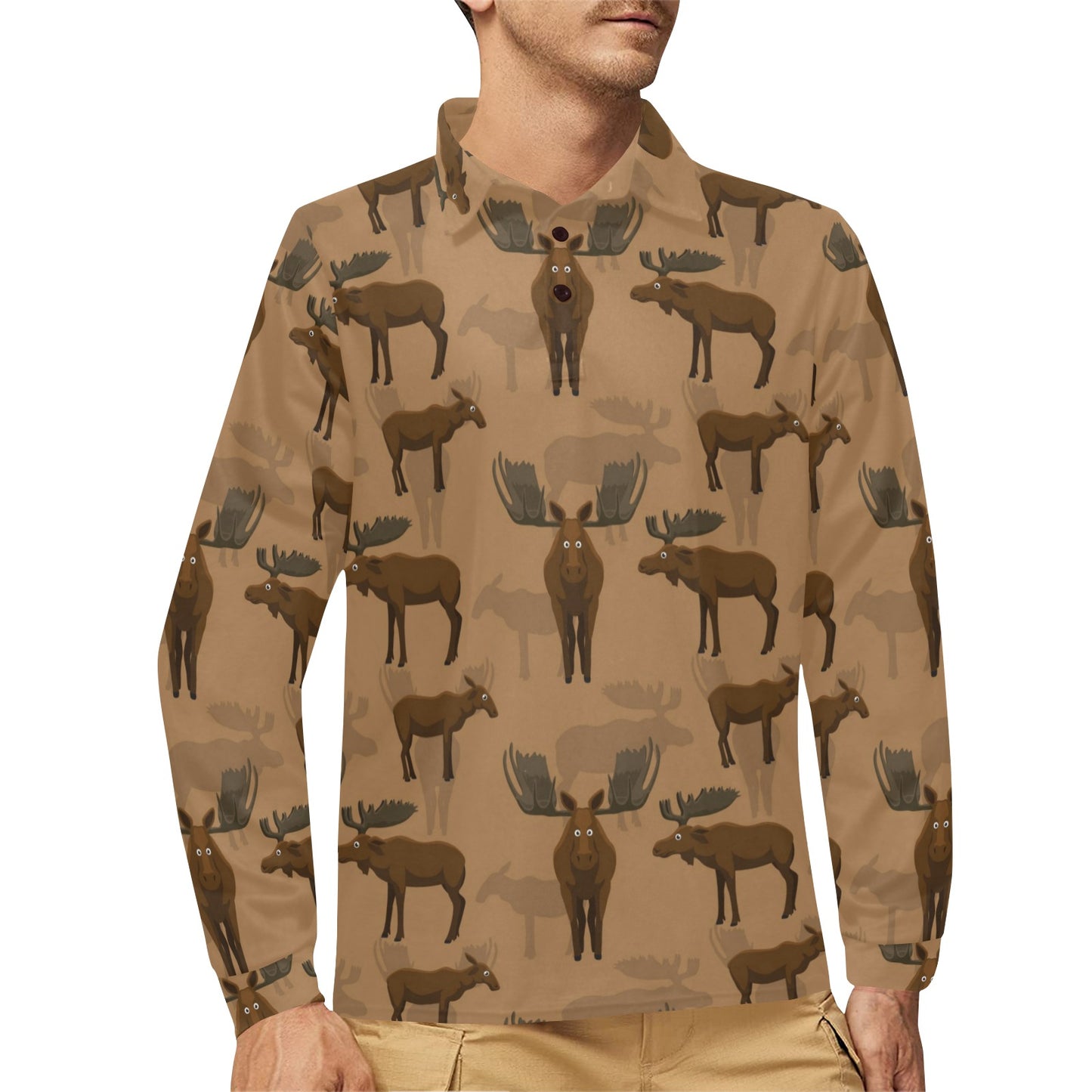 Moose Pattern Print Design 03 Long Sleeve Polo Shirt For Men's