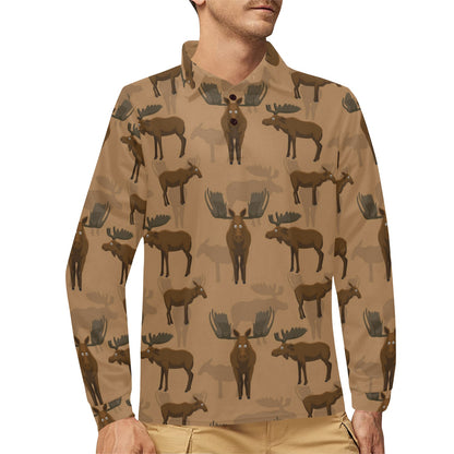 Moose Pattern Print Design 03 Long Sleeve Polo Shirt For Men's