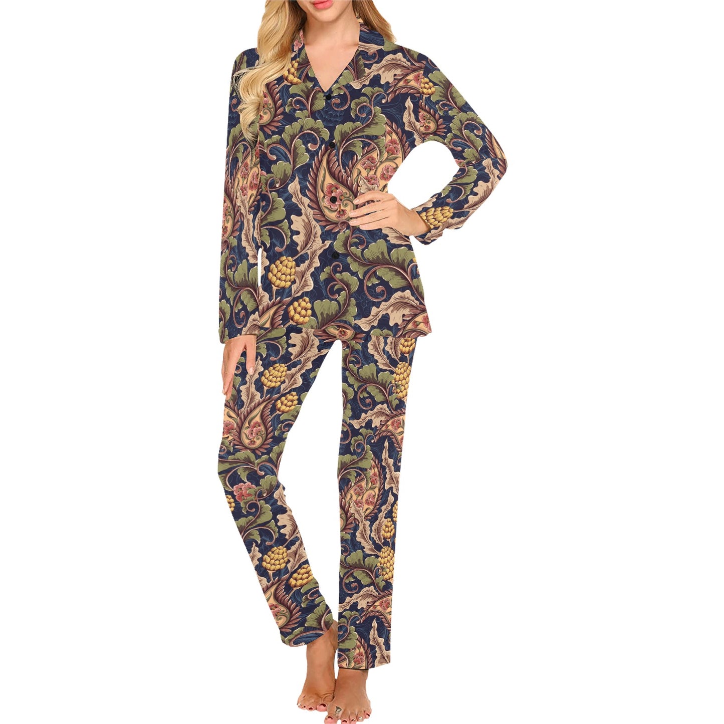 Floral Vintage Classic Print Women's Long Pajama Set