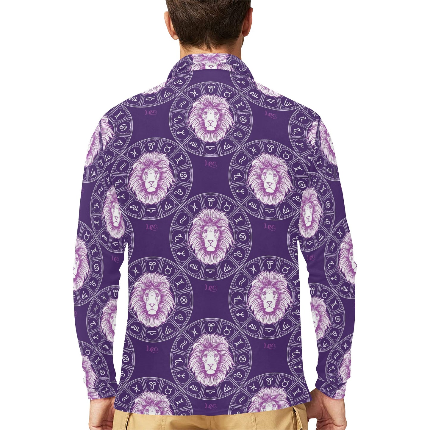 Leo Pattern Print Design 04 Long Sleeve Polo Shirt For Men's