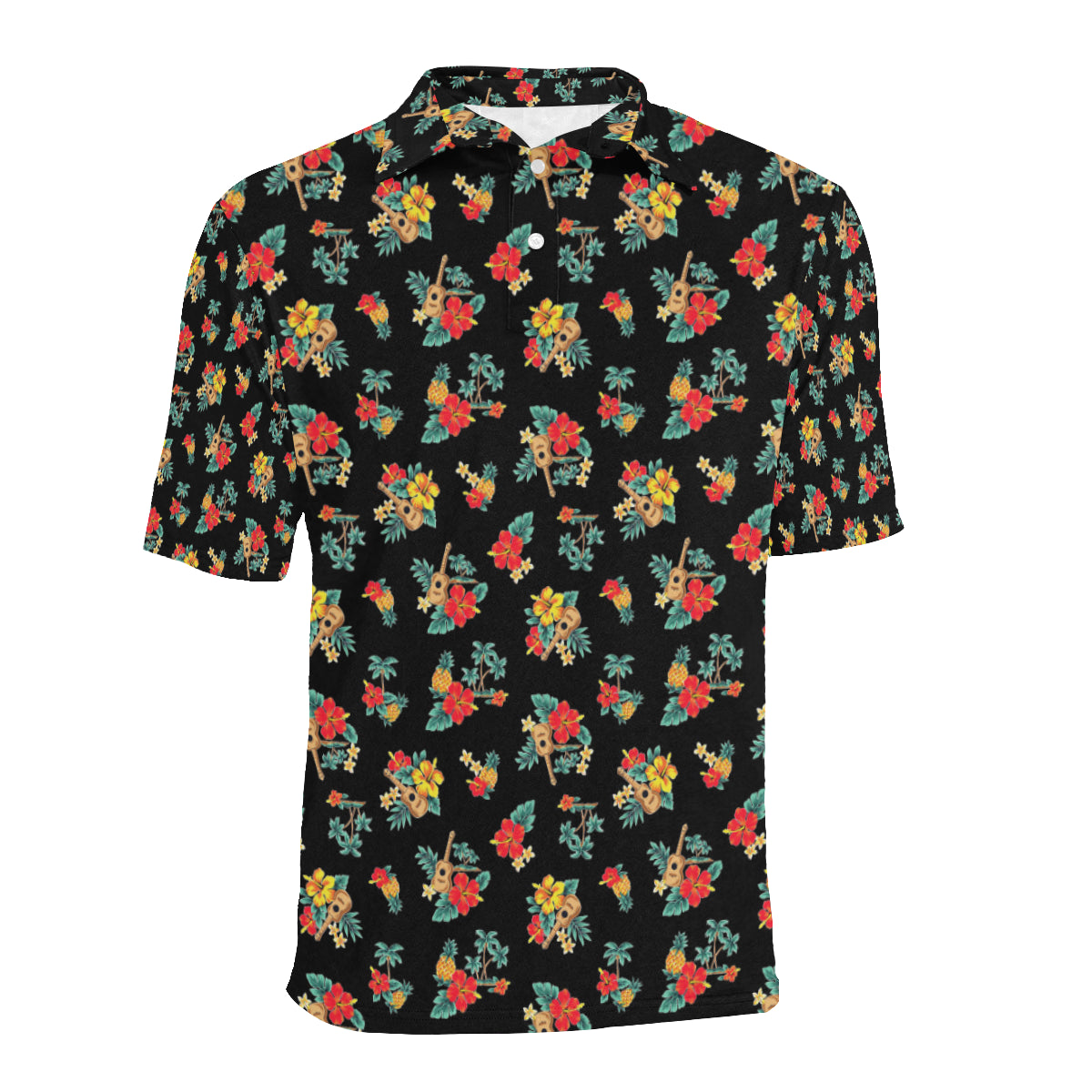 Hawaiian Flower Themed Print Men Polo Shirt