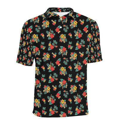 Hawaiian Flower Themed Print Men Polo Shirt