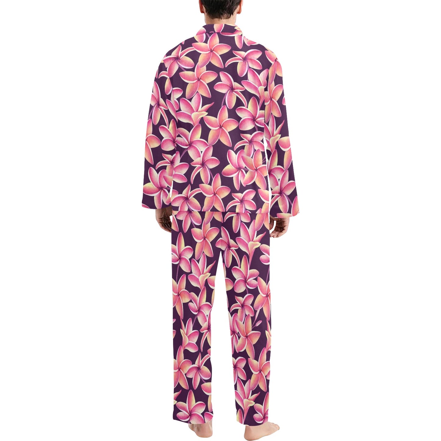 Purple Plumeria Pattern Print Design PM010 Men's Long Pajama Set