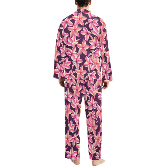 Purple Plumeria Pattern Print Design PM010 Men's Long Pajama Set