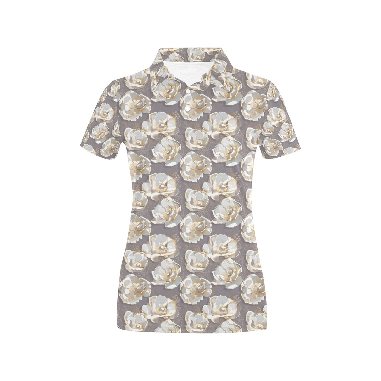 Elegant Grey Flower Print Women's Polo Shirt